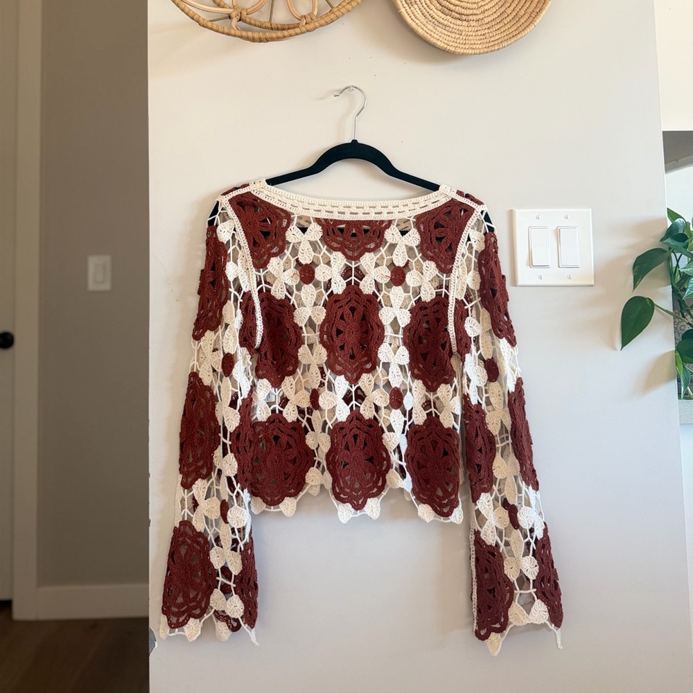 Rebellion Crochet Floral Openwork Sweater - Cream & Rust - Picture 8 of 11